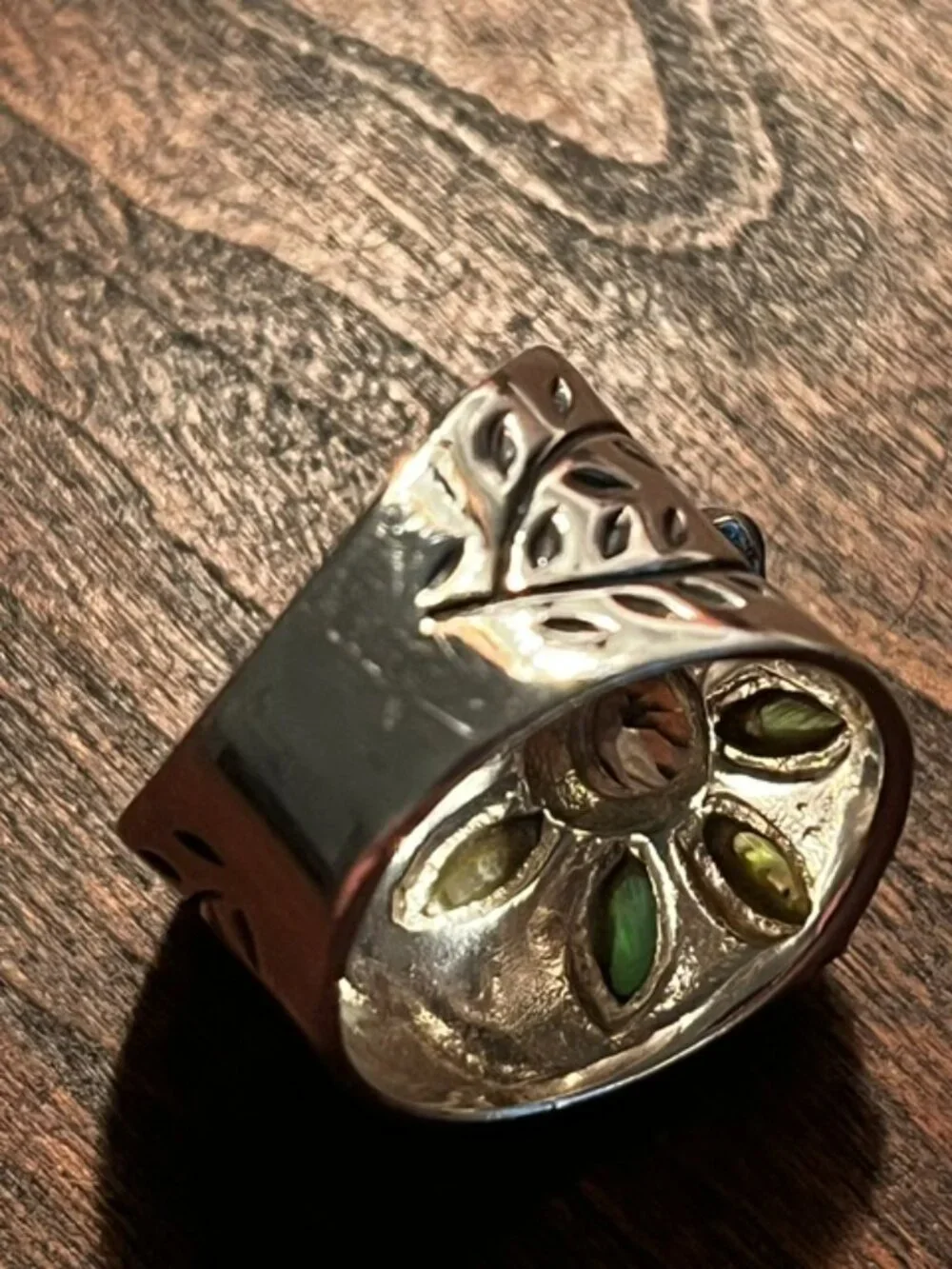 925 Sterling Silver Abalone Ring Floral Rhinestone Accent Chunky Wide Band Sz 7